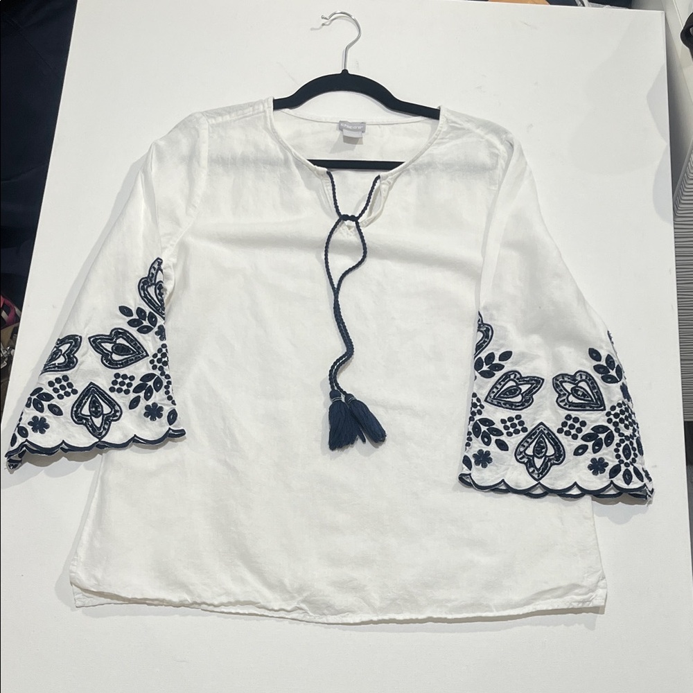 Chico's Ivory Top with Navy Embroidery